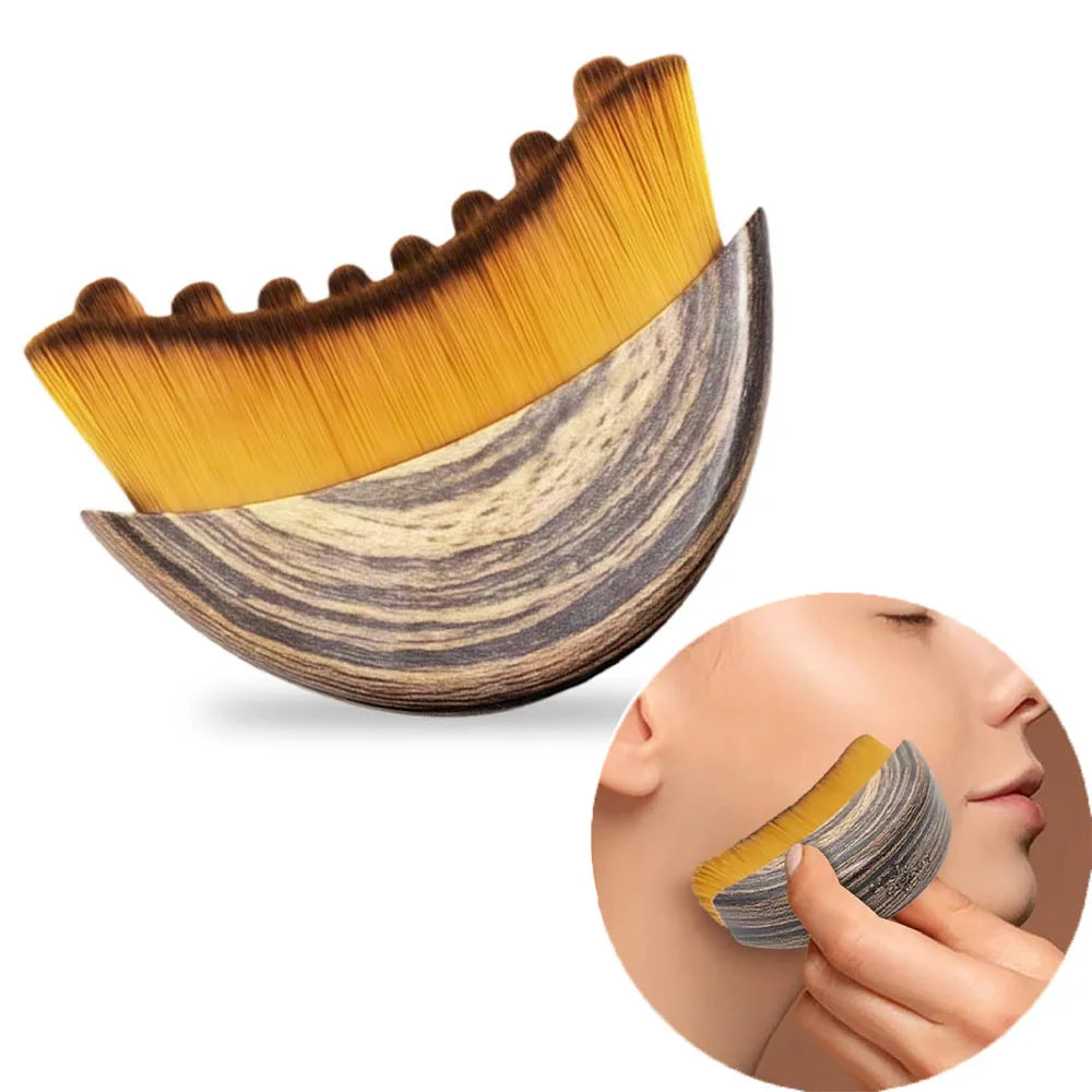 dry brush with yellow bristle head on a white background, inset showing use on skin.