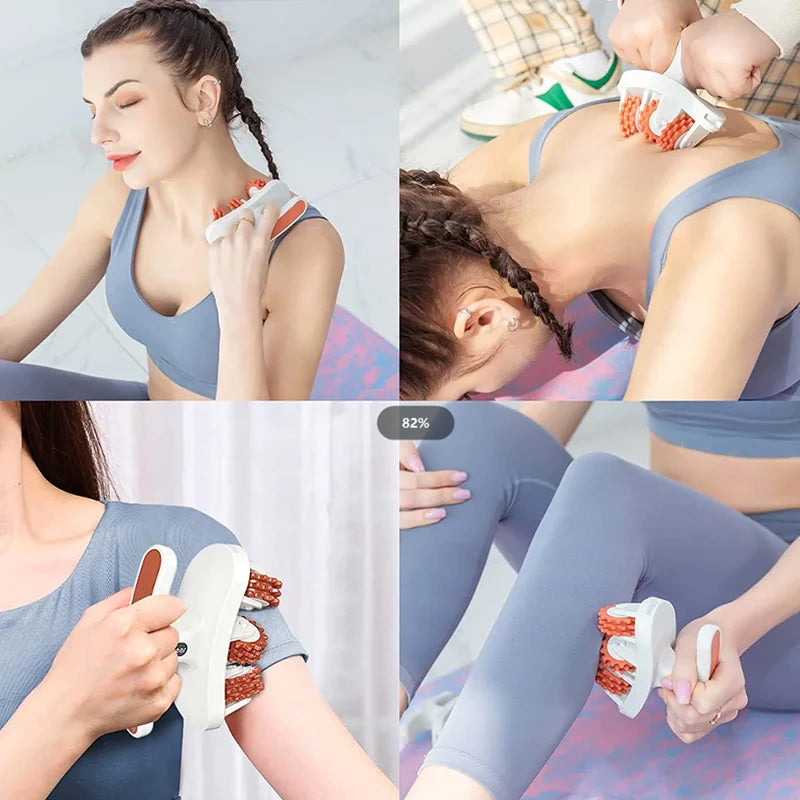 Woman using a handheld massager on her arm, chest, and legs with close-up shots of the device.