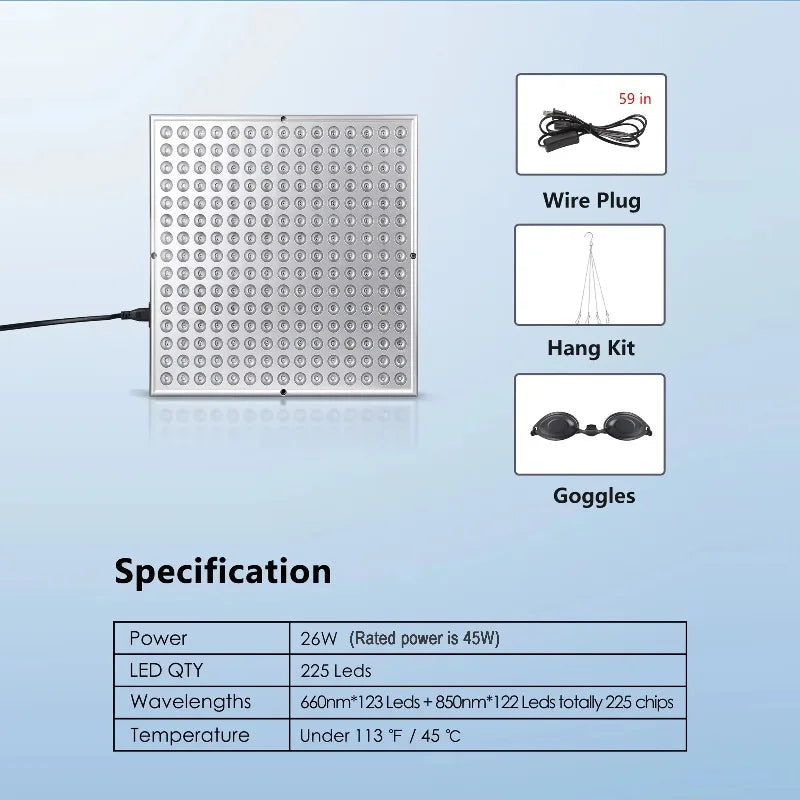 Red light therapy panel with LED light array for home wellness