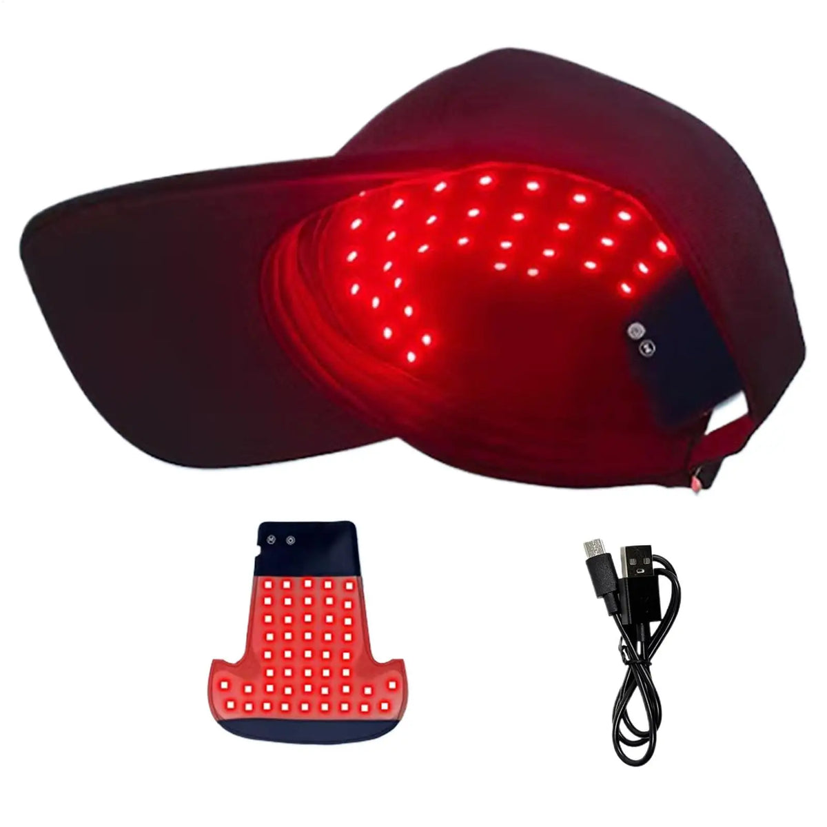 Red light therapy cap shown with its USB charging cable and a smaller inset view of the cap's underside, on a plain white background.