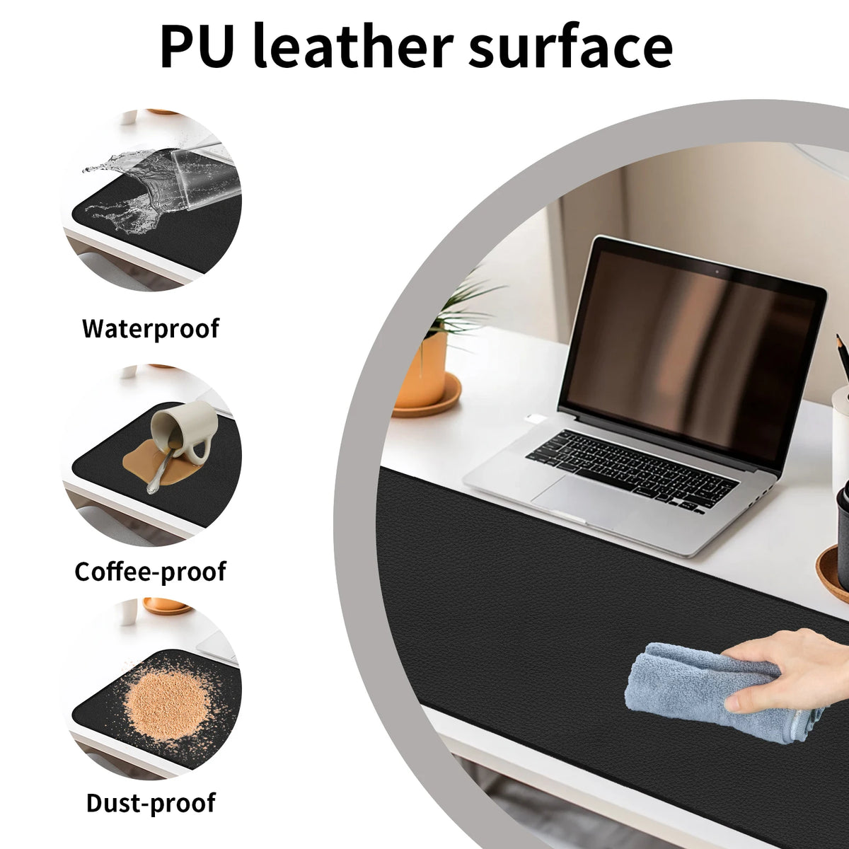 Black grounding mat with laptop on a white surface, showing waterproof, coffee-proof, and dust-proof features.