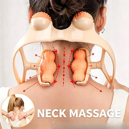A person shown from the back wearing a beige neck massage device with two orange textured rollers, overlaid with red arrows indicating movement. A circular inset at the bottom left shows hands performing neck massage, and the words 'NECK MASSAGE' appear at the bottom.