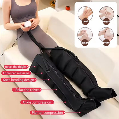 Person using a black leg massager with features highlighted on a white couch.